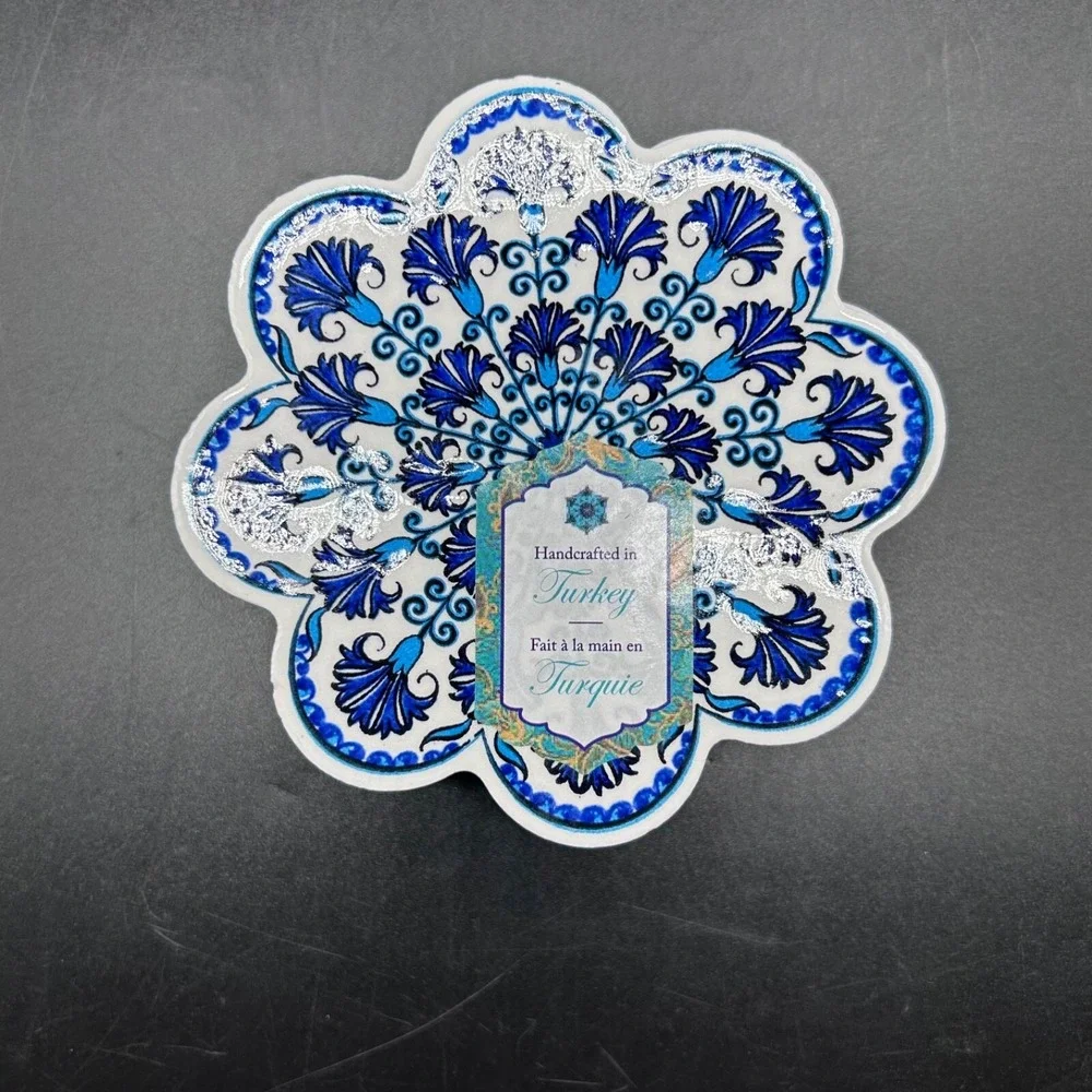 Set Of 4 Turkish Ceramic Coasters Design Made In Turkey‎ Blue White Flower New